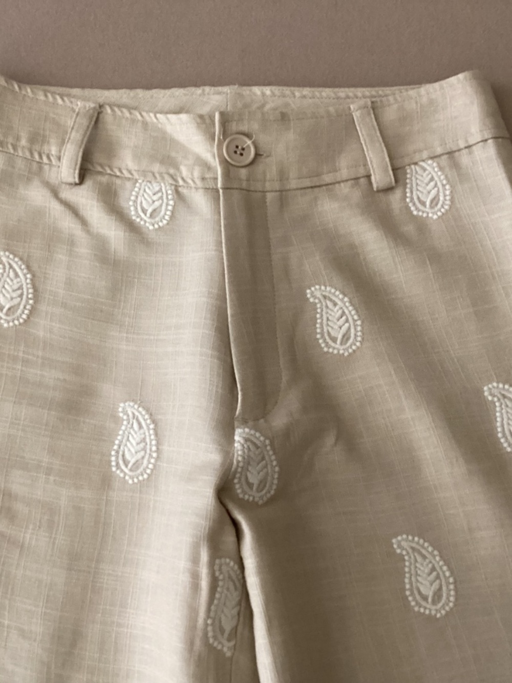 ELIE TAHARI - OATMEAL & CREAM COLOR PAISLEY EMBROIDERED LINEN BLEND PANTS SIZE 2
